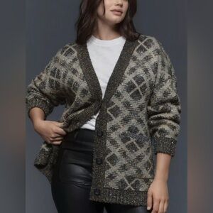 ANTHROPOLOGIE Maeve Sparkle V-Neck Cardigan Sweater size XL wool cozy warm